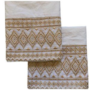 2 VTG Aztec Creamy White w/ Gold Embroidery Lace STANDARD Pillowcases Poly Blend